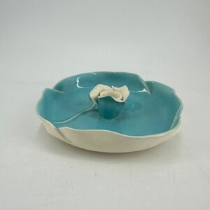 Vintage Turquoise Blue Ceramic Rose Taper Candle Holder Dish Bowl MCM Floral